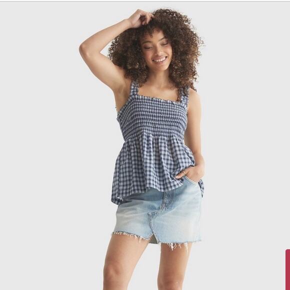 Lucky Brand Top NWT Square Neck Smock Tank Ruffled Straps Blue Gingham Womens L - Picture 2 of 6